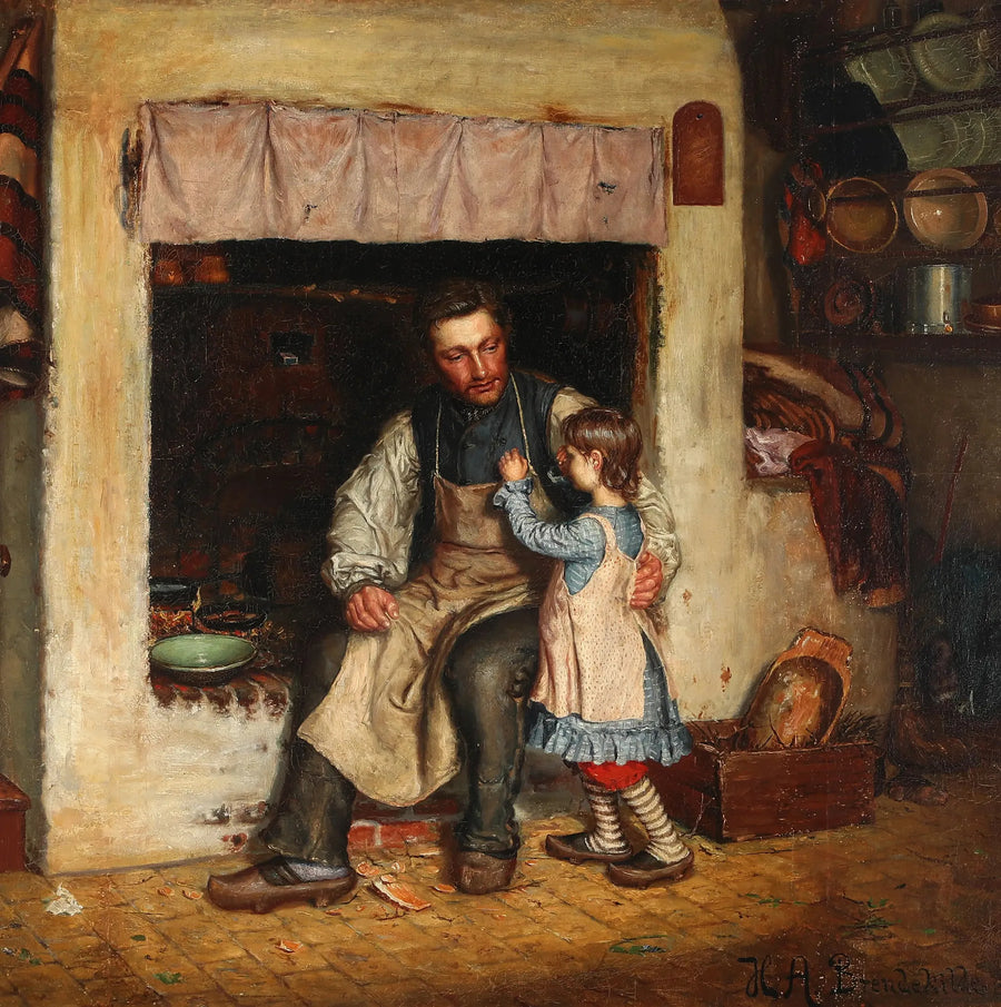 Intérieur d'une cuisine avec une petite fille et un homme. - H. A. Brendekilde