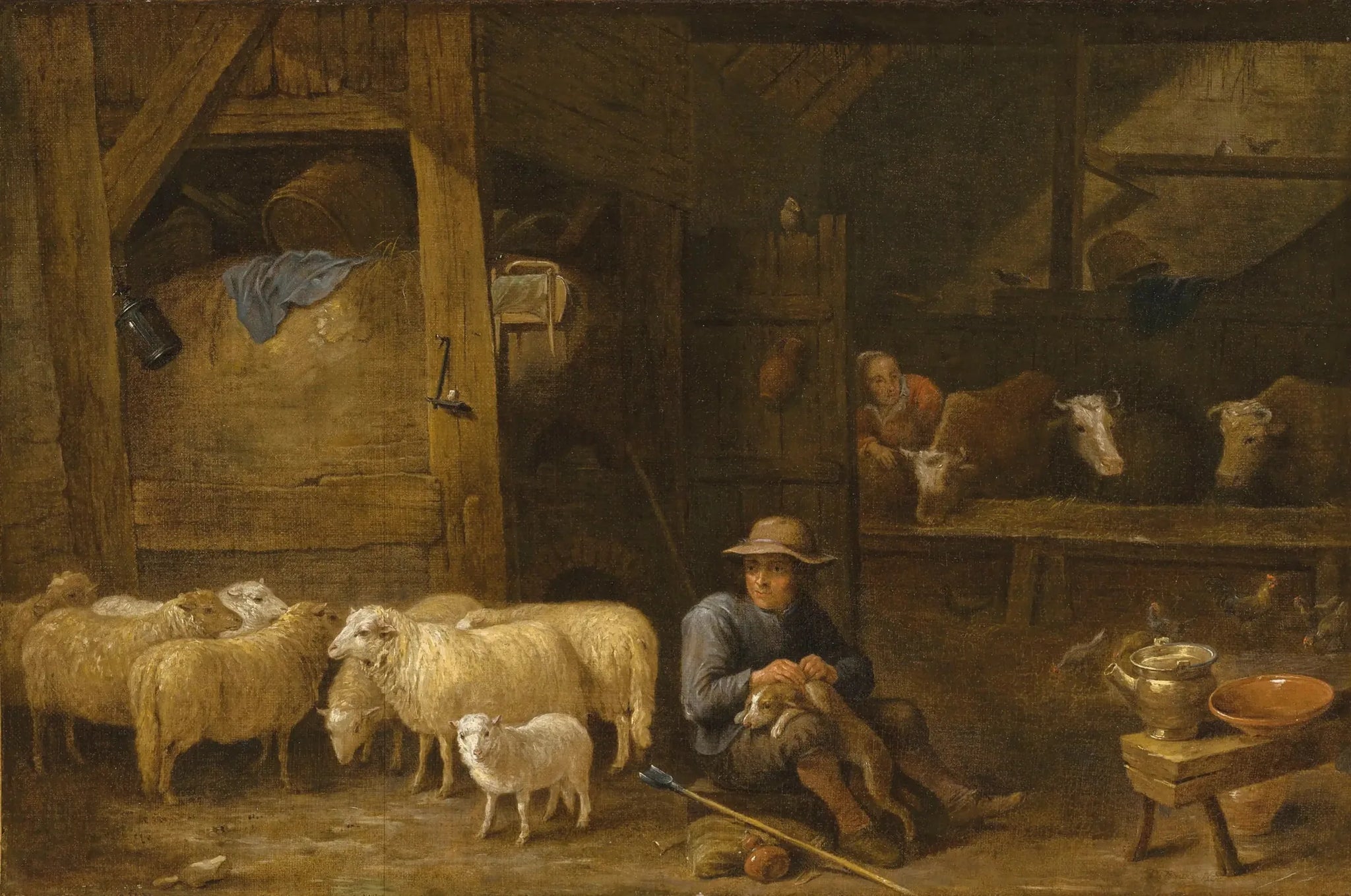 Intérieur d'une grange avec un berger et son troupeau - David Teniers le Jeune image 1 reproduction artisanale de tableau