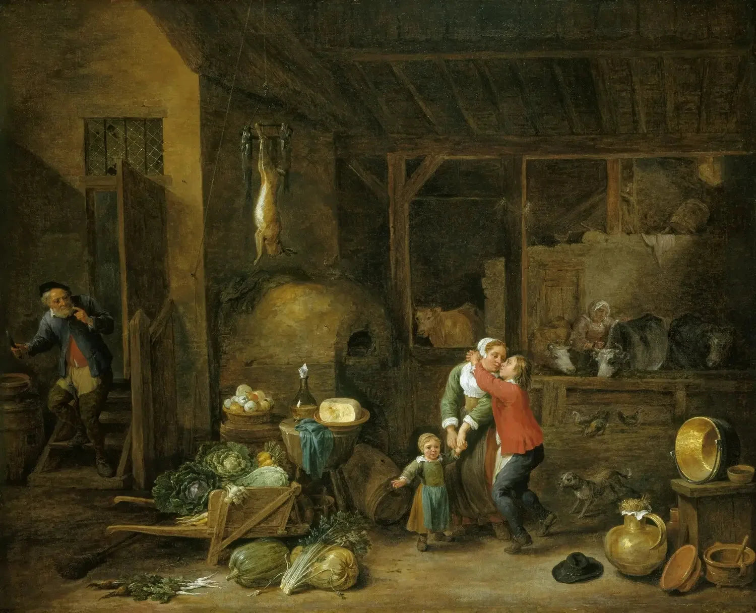 Intérieur d'une maison familiale avec personnages (« Le Baiser volé ») - David Teniers le Jeune image 1 reproduction artisanale de tableau