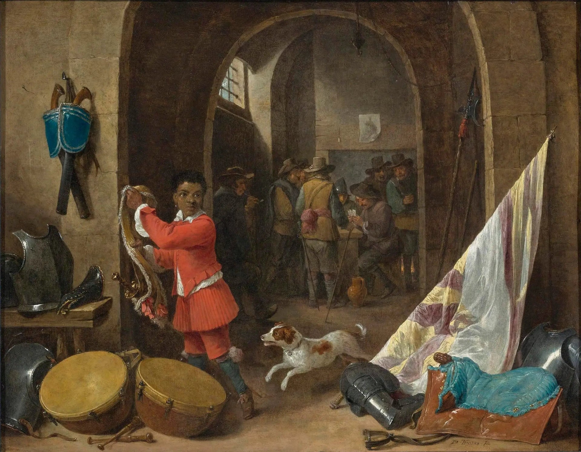 Intérieur d'une salle de garde avec un serviteur noir près d'une nature morte d'une selle, d'une bannière, de tambours et de cuirasses ; des soldats jouant aux cartes en arrière-plan - David Teniers le Jeune image 1 copie peinte à la main à l’huile