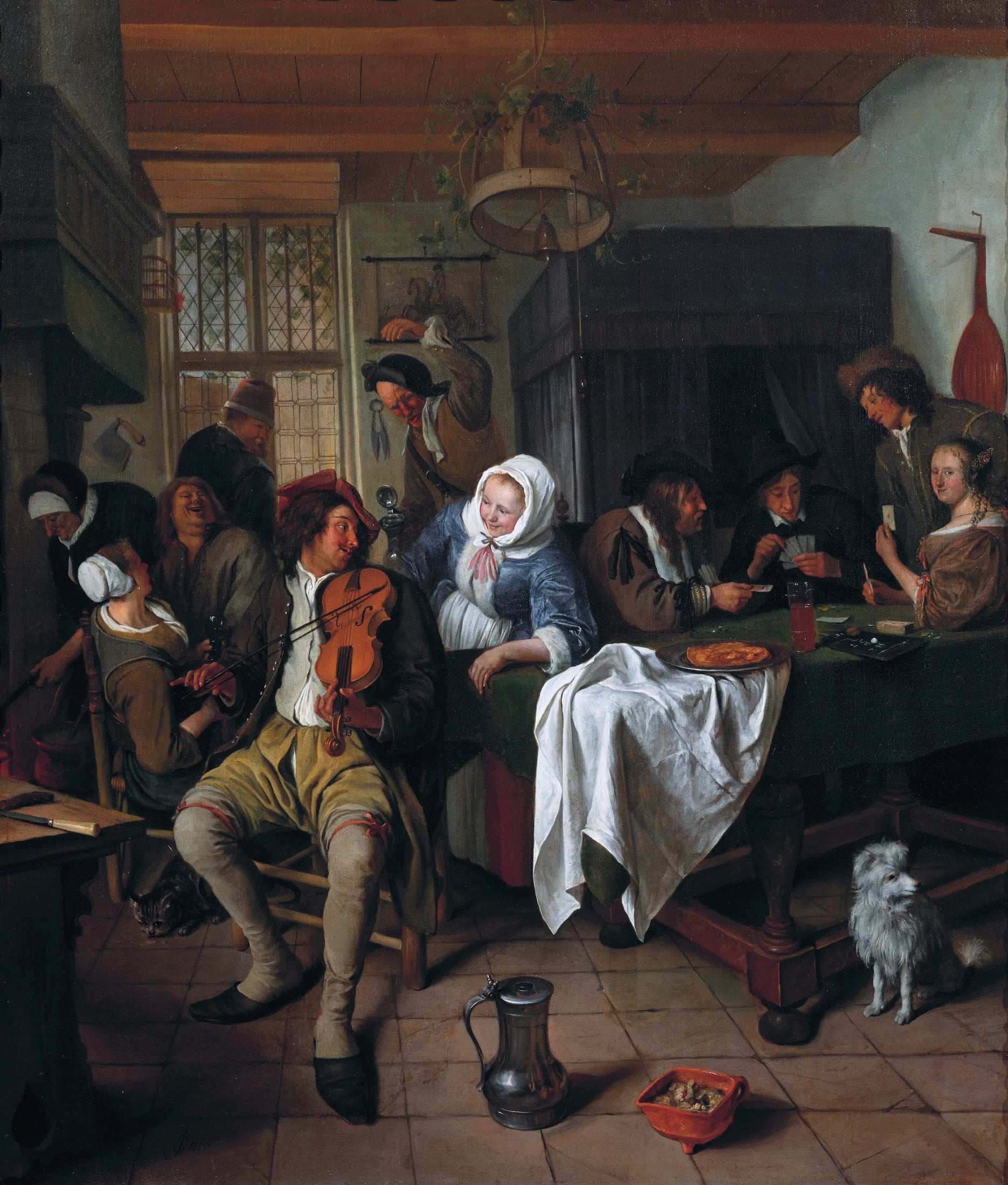 Intérieur d'une taverne, avec des joueurs de cartes et un violoniste - Jan Steen image 1 tableau peint à l’huile sur toile