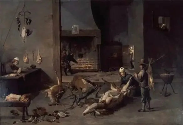 Intérieur de cuisine avec cuisiniers préparant du gibier de chasse - David Teniers le Jeune image 1 copie peinte à la main à l’huile