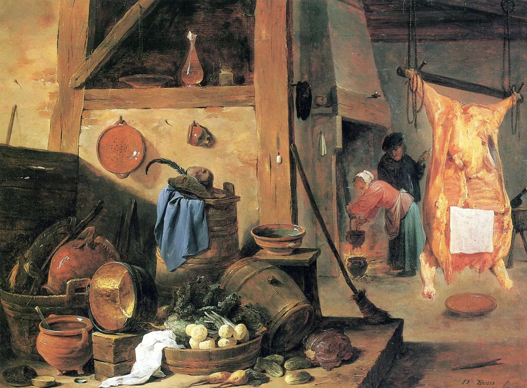Intérieur de cuisine avec nature morte et bœuf abattu - David Teniers le Jeune image 1 copie peinte à la main à l’huile