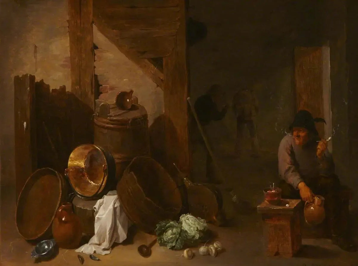 Intérieur de cuisine avec Toper et autres paysans au loin - David Teniers le Jeune image 1 copie peinte à la main à l’huile