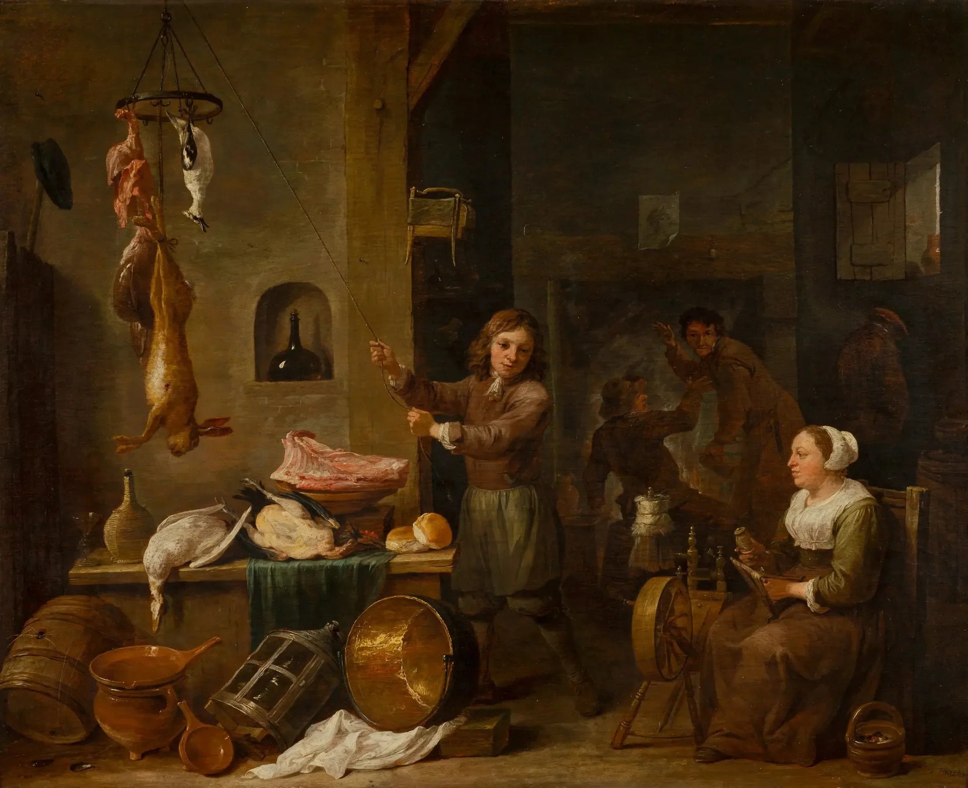 Intérieur de cuisine avec un garçon et une femme avec une table de jeu - David Teniers le Jeune image 1 reproduction artisanale de tableau
