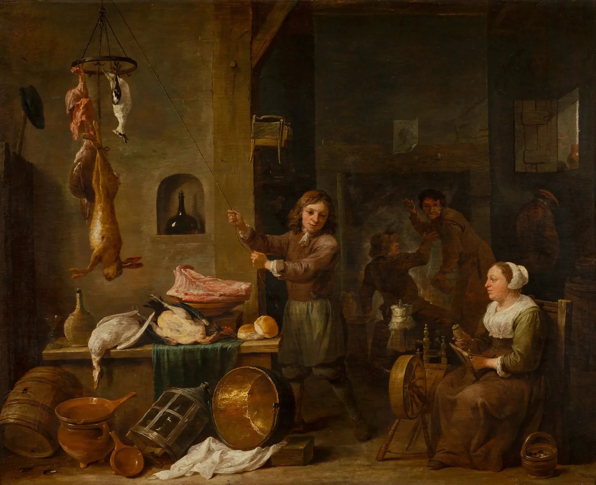 Intérieur de cuisine avec un garçon et une femme avec une table de jeu - David Teniers le Jeune image 1 reproduction artisanale de tableau