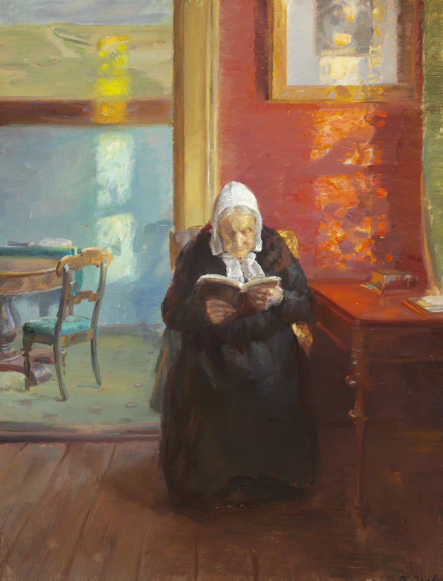 Intérieur de la chambre rouge avec la mère de l'artiste, Ane Brøndum, en train de lire - Anna Ancher