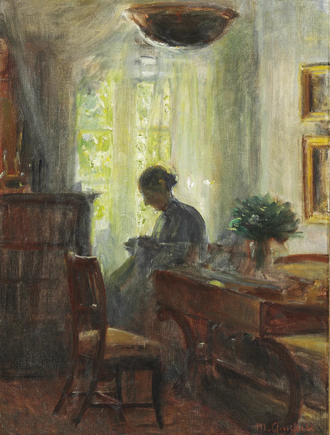 Intérieur de la maison de l'artiste. Anna Ancher à son ouvrage de broderie - Michael Peter Ancher image 1 copie peinte à la main à l’huile