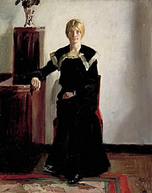 Intérieur de la maison de l'artiste. Une jeune femme en robe noire est représentée. - Michael Peter Ancher image 1 tableau peint à l’huile sur toile