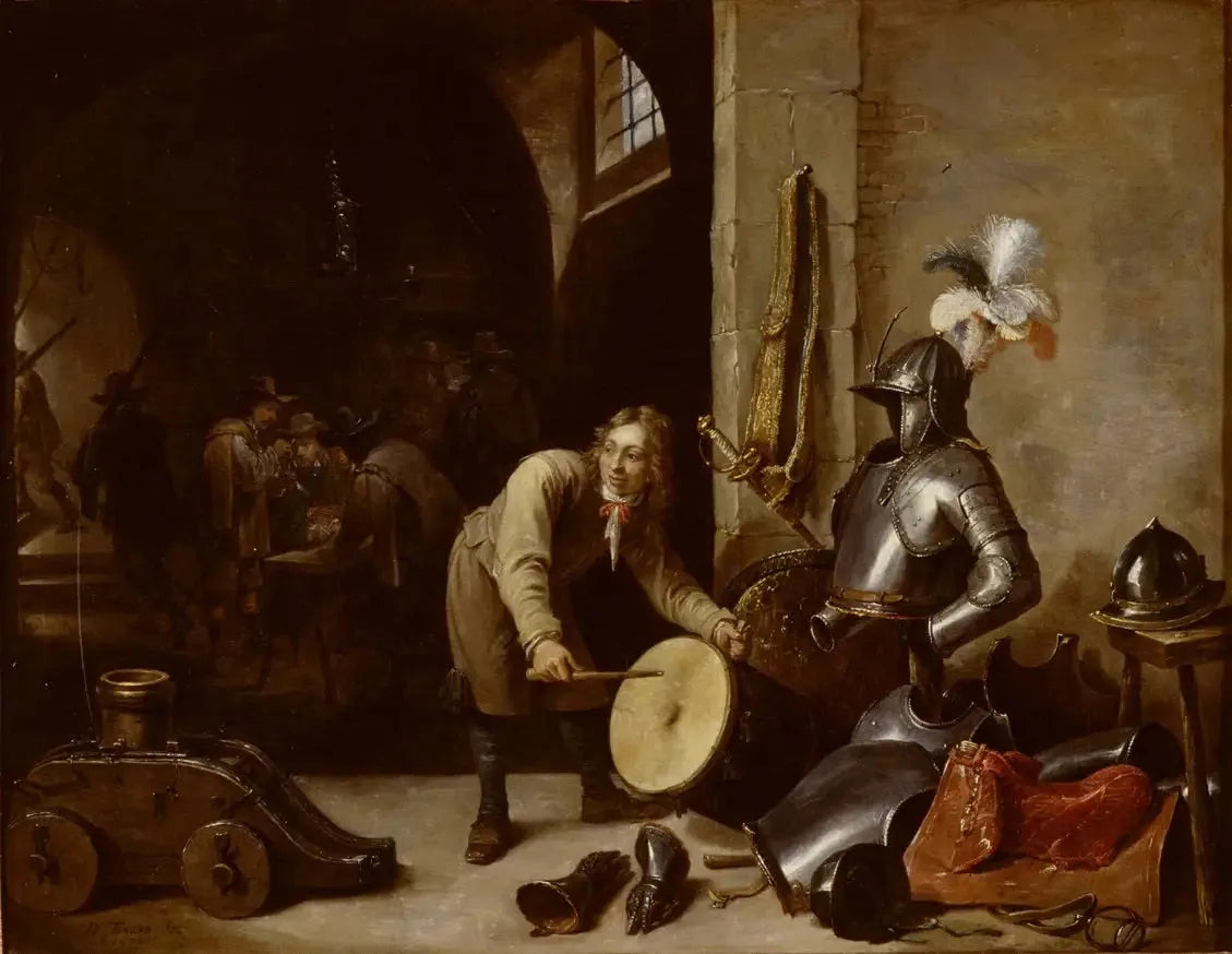 Intérieur de la salle de garde avec un jeune homme tenant un tambour - David Teniers le Jeune image 1 copie peinte à la main à l’huile