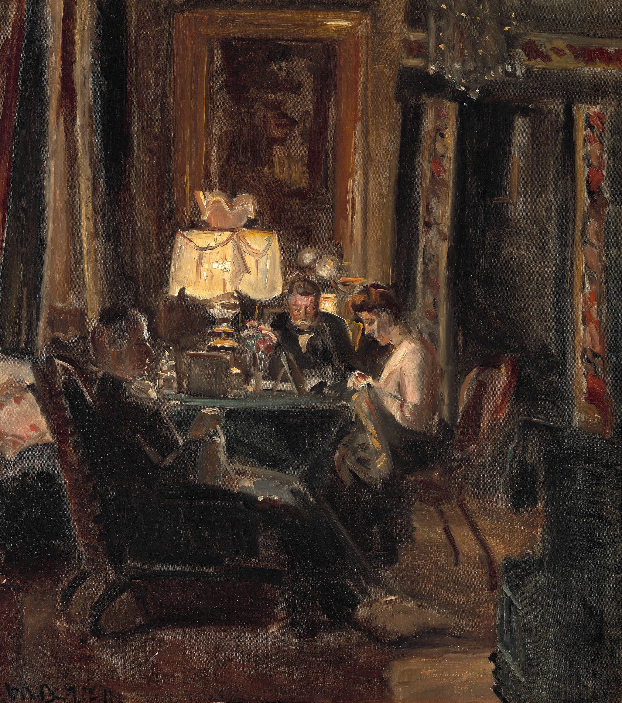 Intérieur du salon de Kruuseminde avec la famille Bech attablée à la lumière d'une lampe. - Michael Peter Ancher image 1 copie peinte à la main à l’huile
