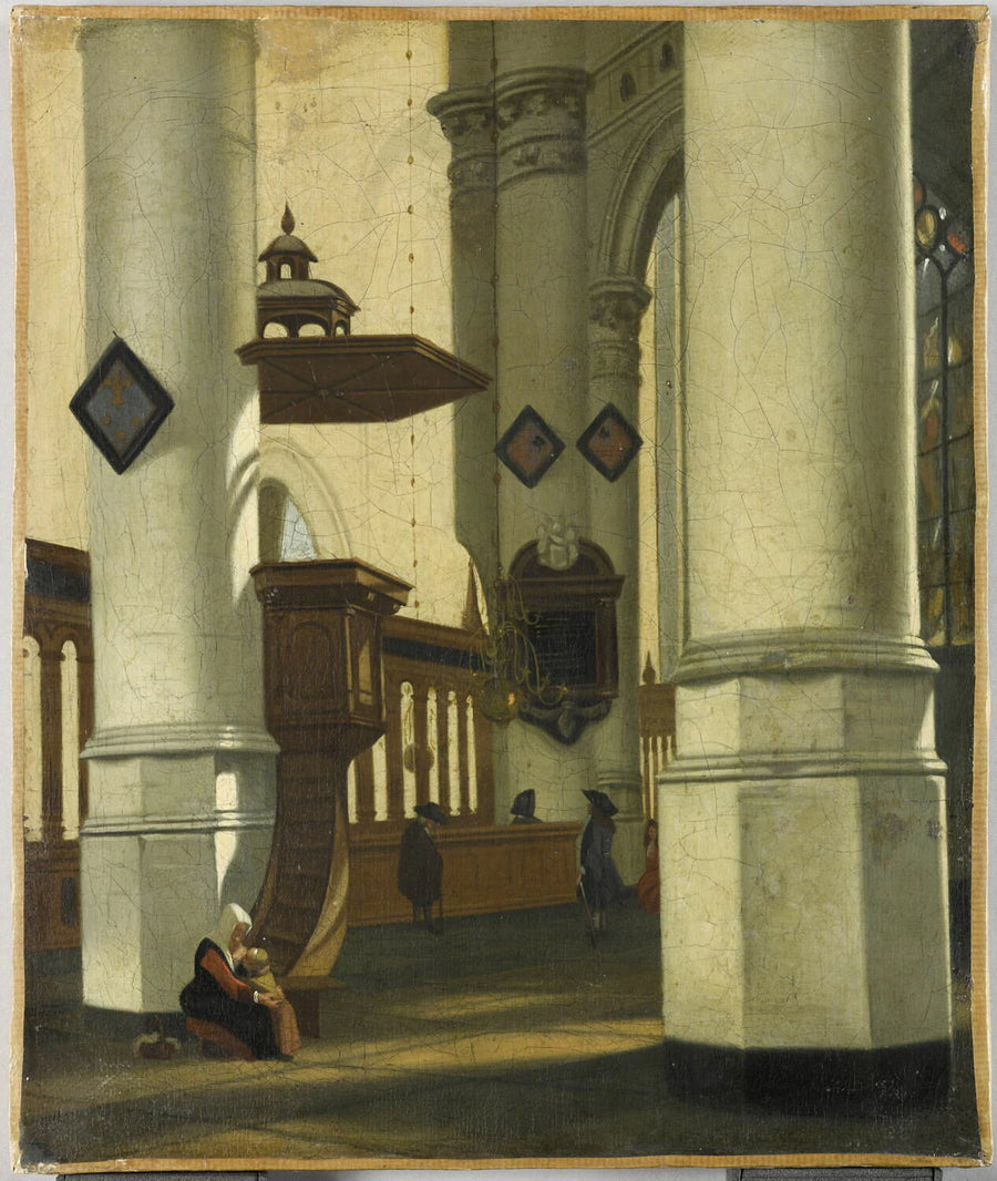 Intérieur d'église avec une femme au pied d'une chaire - Hendrik van Streek