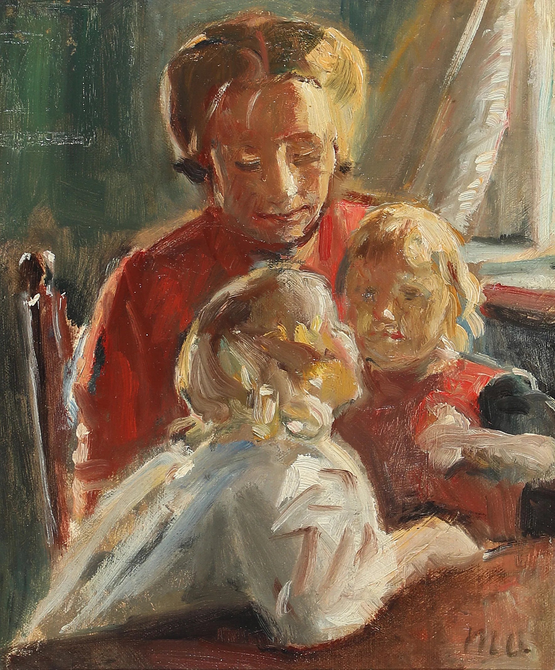 Intérieur ensoleillé avec une mère et ses deux filles. - Michael Peter Ancher image 1 copie peinte à la main à l’huile