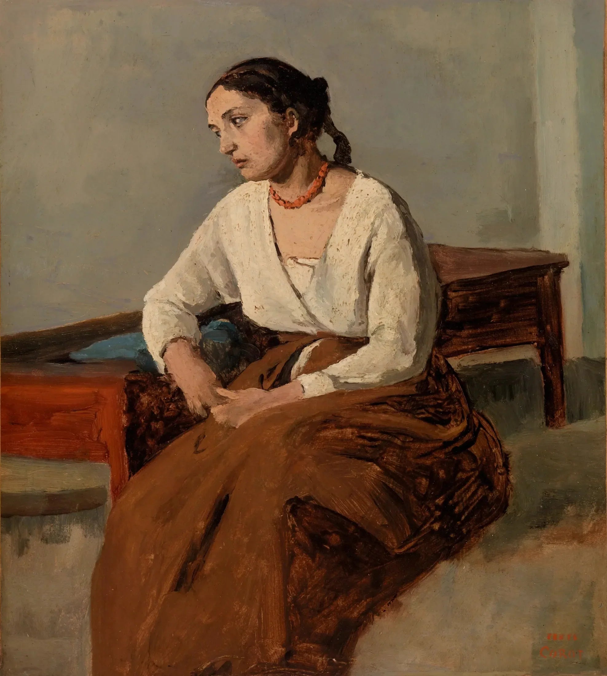 Italienne mélancolique (Rome) - Jean-Baptiste Camille Corot image 1 tableau peint à l’huile sur toile