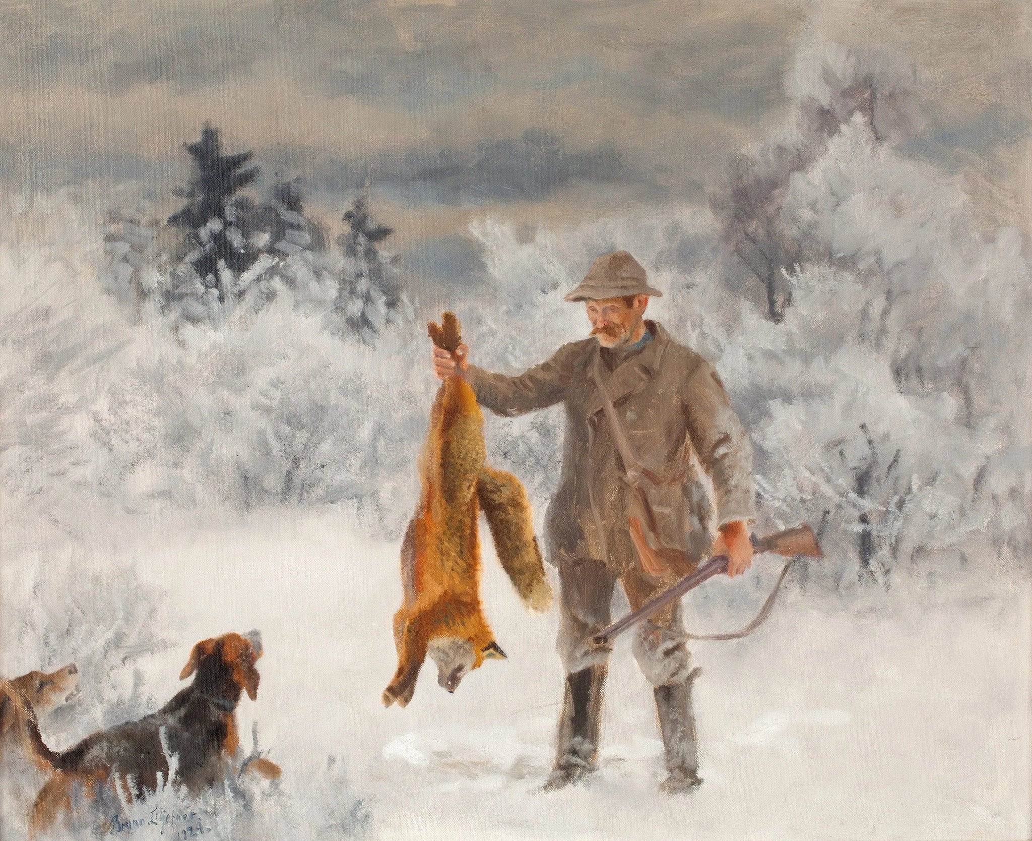 Jägare med jakthundar och räv - Bruno Liljefors image 1 reproduction de peinture à l’huile