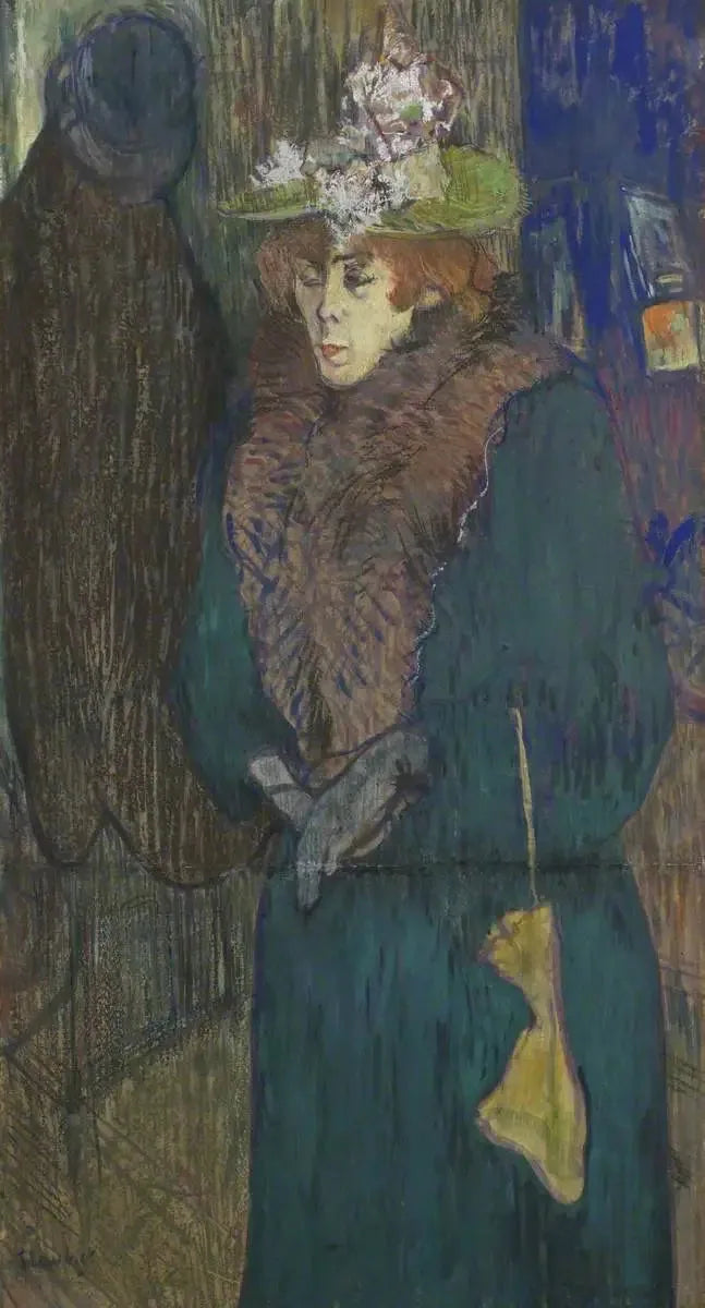 Jane Avril dans l'Entrée du Moulin Rouge, enfilant ses gants - Henri de Toulouse-Lautrec image 1 copie peinte à la main à l’huile