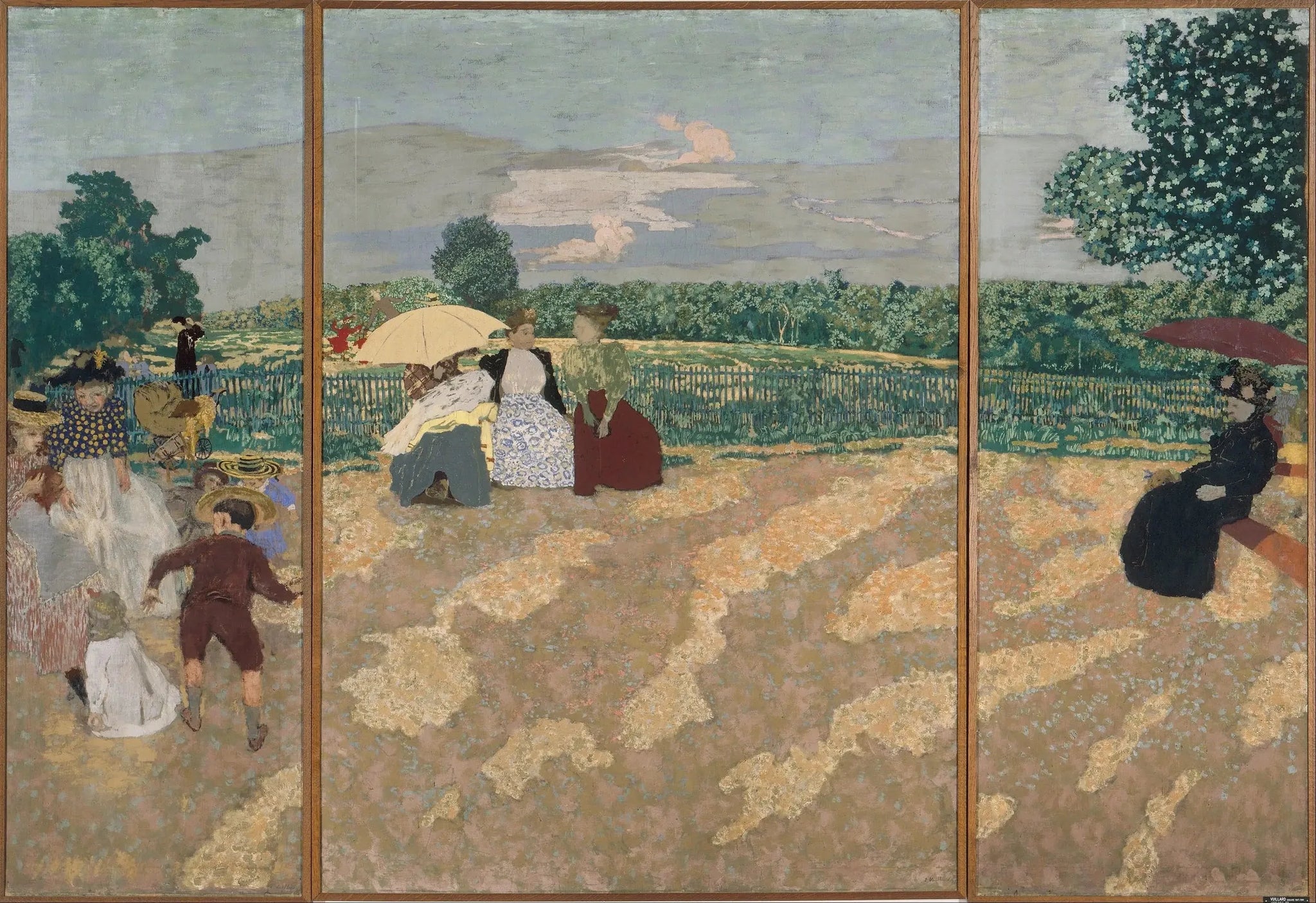 Jardins publics : la conversation, les nourrices, l'ombrelle rouge - Édouard Vuillard image 1 reproduction de peinture à l’huile