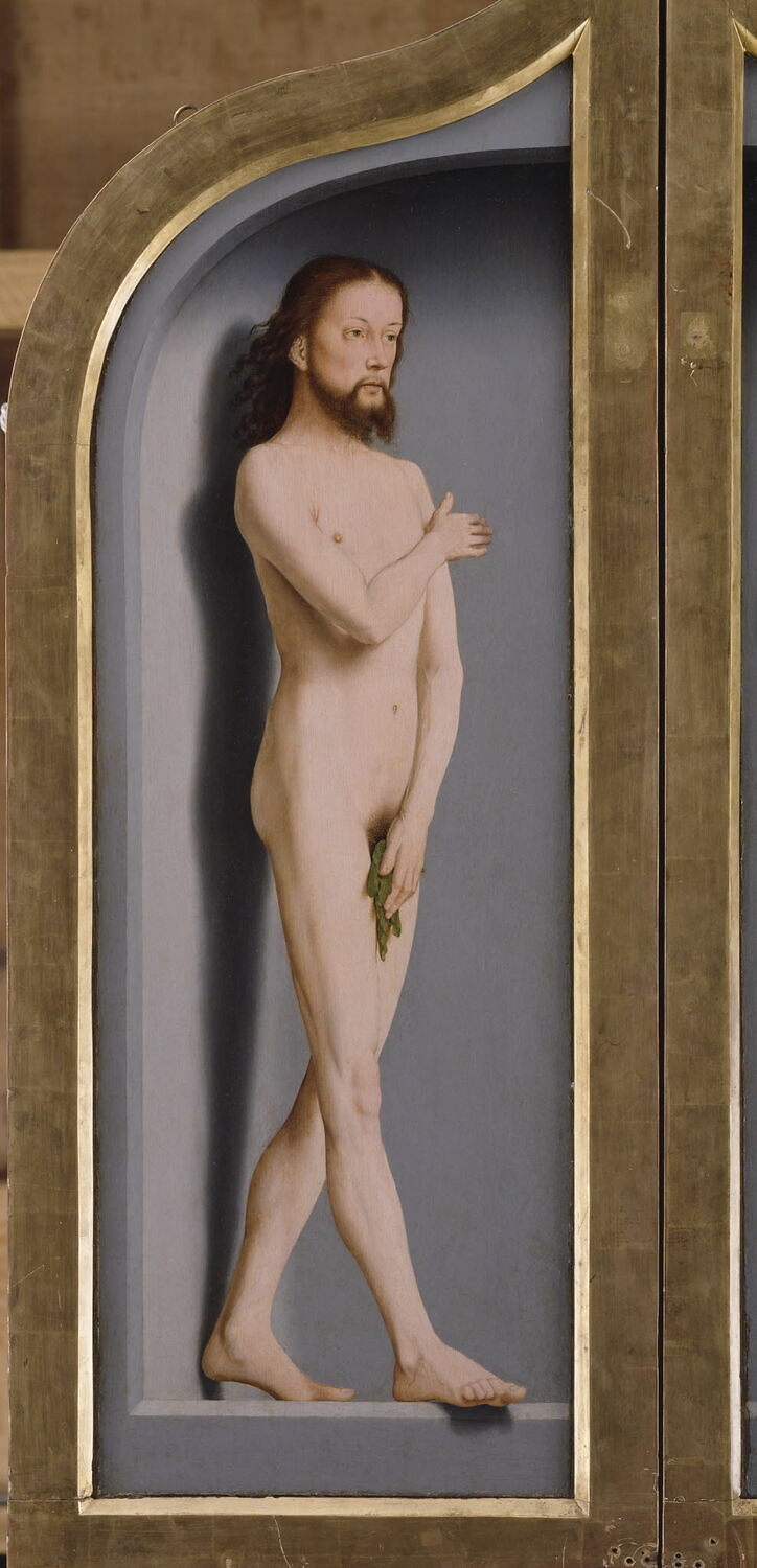 Jean de Sedano et son fils en prière, avec saint Jean Baptiste ; face externe : Adam, nu - Gérard David image 1 copie peinte à la main à l’huile