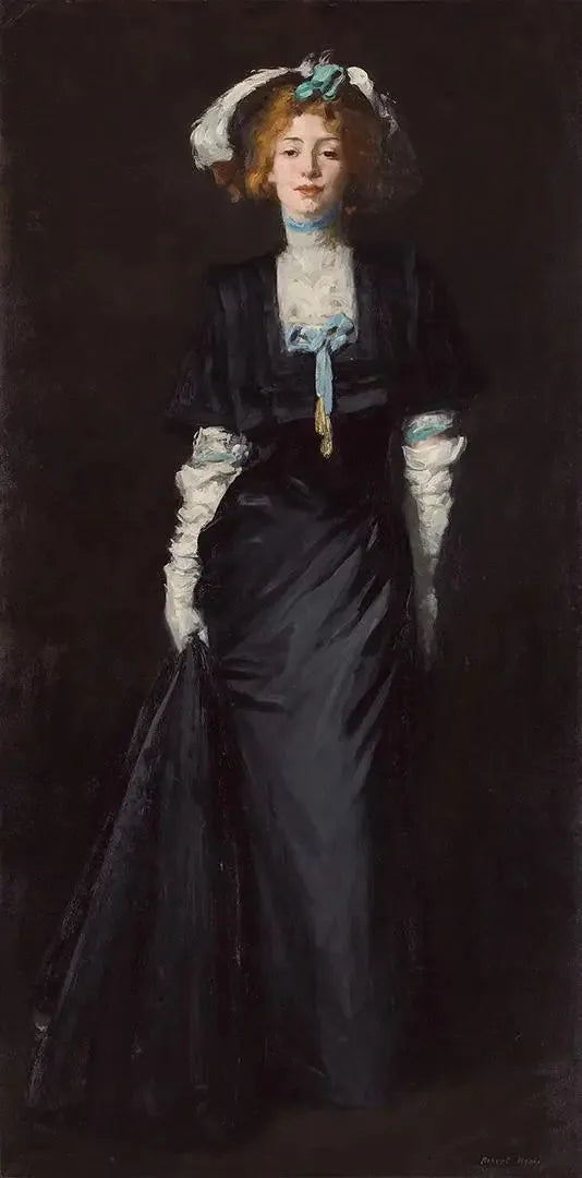 Jessica Penn en noir avec des plumes blanches - Robert Henri image 1 reproduction d’œuvre d’art à l’huile
