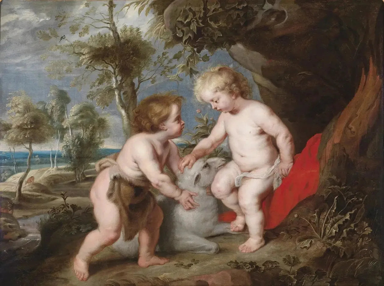 Jésus et l'Enfant Saint Jean avec un agneau - Peter Paul Rubens image 1 copie de tableau peinte à la main