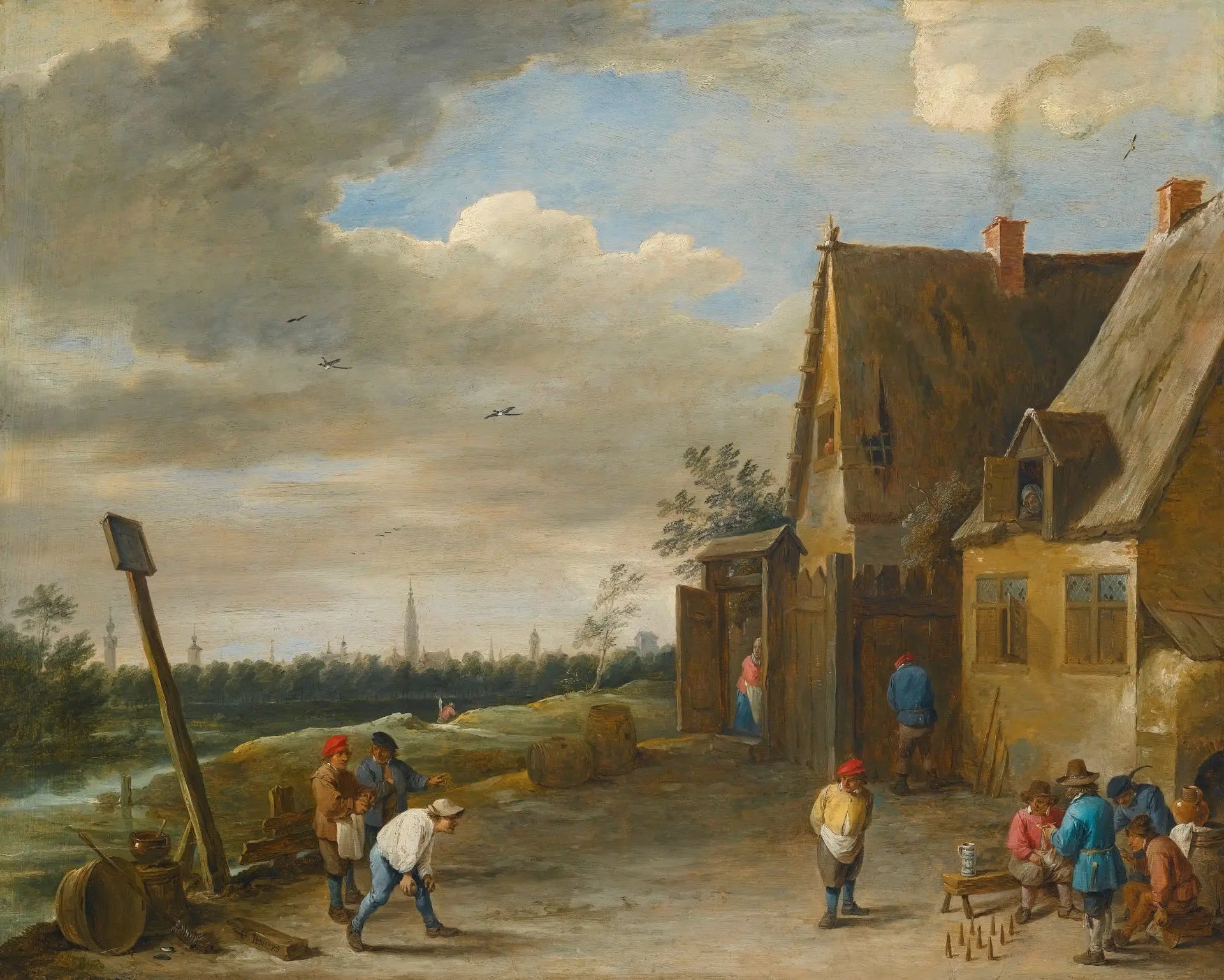 Jeu de quilles avec vue sur Anvers - David Teniers le Jeune image 1 reproduction d’œuvre d’art à l’huile