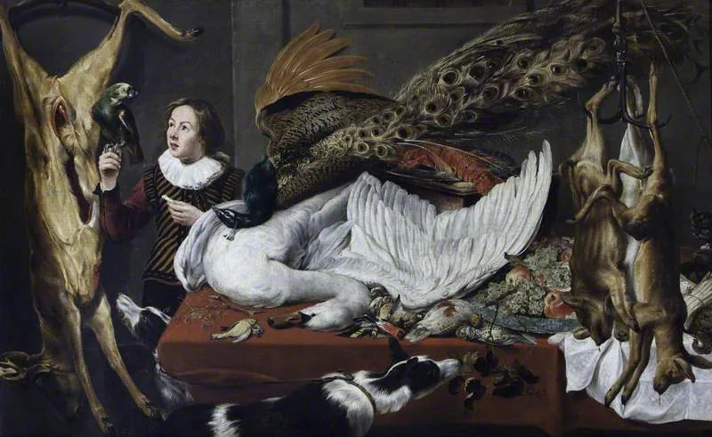 Jeu suspendu avec un cygne et un paon sur une table et un page tenant un perroquet - Frans Snyders image 1 reproduction de peinture à l’huile