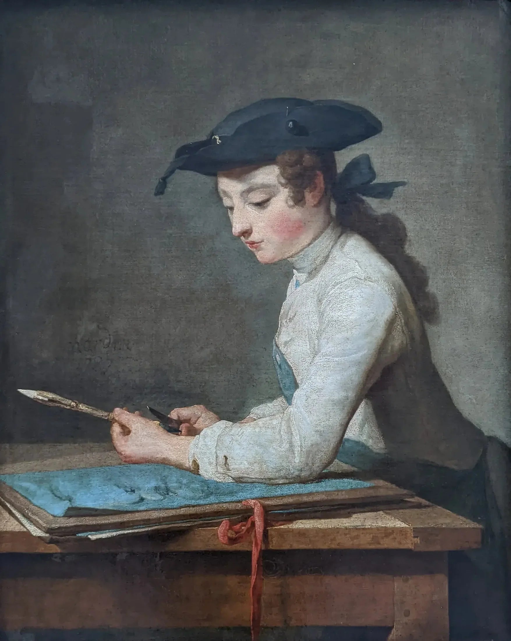 Jeune Dessinateur taillant son crayon - Jean Siméon Chardin image 1 reproduction de peinture à l’huile