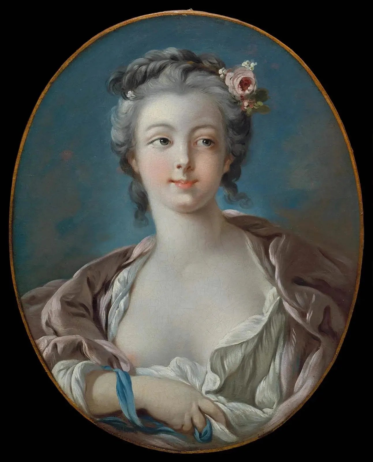 Jeune femme avec fleurs aux cheveux, dite à tort Portrait de Madame Boucher - François Boucher image 1 reproduction de peinture à l’huile