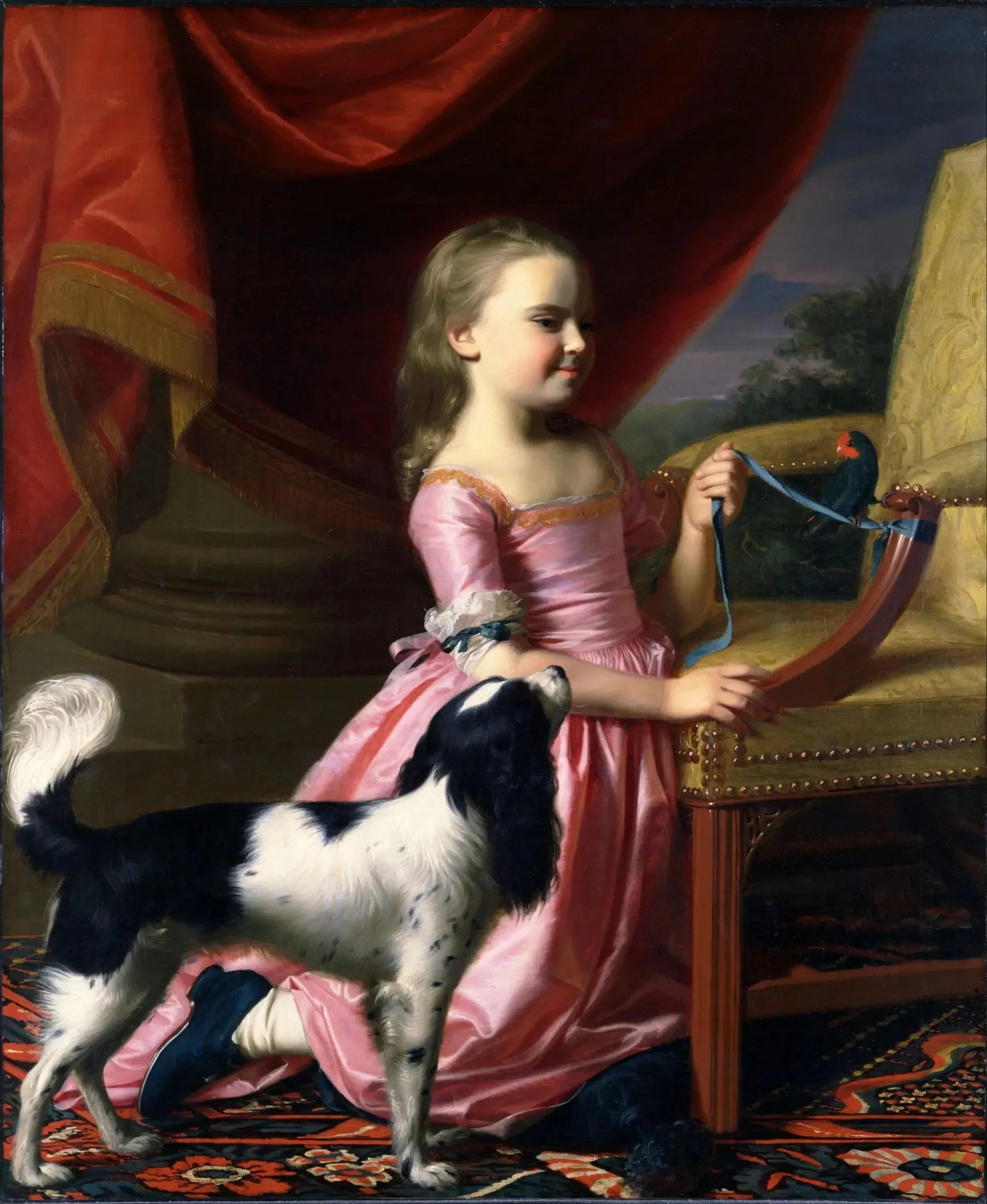 Jeune femme avec un oiseau et un chien - John Singleton Copley image 1 copie de tableau peinte à la main