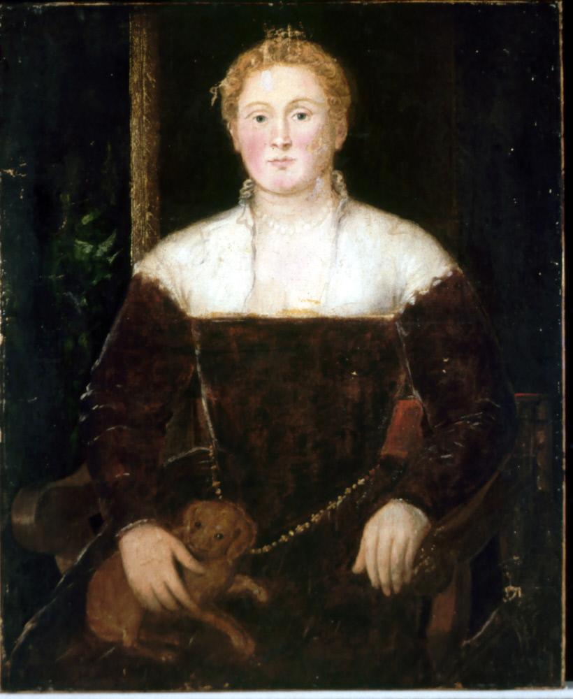 Jeune femme avec un petit chien, peut-être un membre de la famille Soranzo - Jacopo Tintoretto image 1 reproduction réalisée par Alpha Reproduction