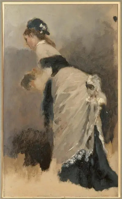 Jeune Femme debout de profil à gauche à l'écharpe et au manchon - Jean Béraud image 1 tableau peint à l’huile sur toile