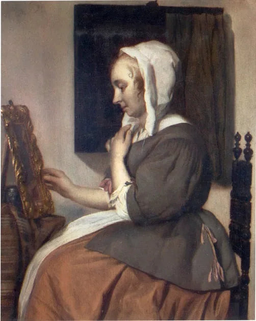 Jeune femme devant un miroir - Gabriel Metsu image 1 reproduction artisanale de tableau