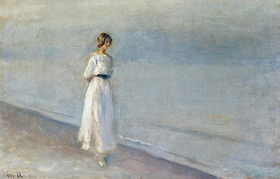 Jeune femme en robe blanche à Skagen Sønderstrand. - Michael Peter Ancher