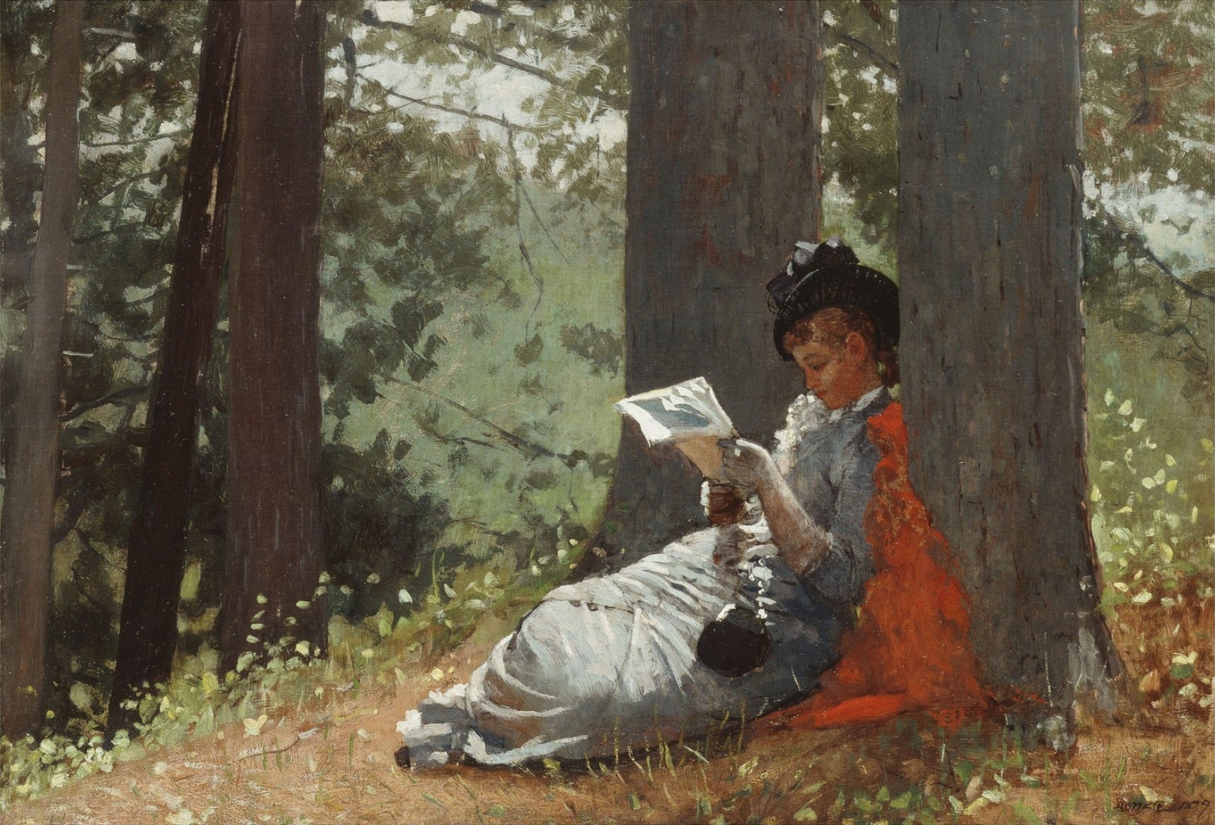Jeune femme lisant sous un chêne - Winslow Homer image 1 copie peinte à la main à l’huile