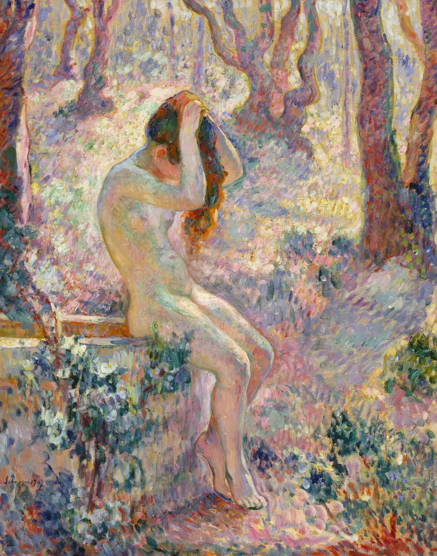 Jeune femme nue assise au bord d'un puits - Henri Lebasque image 1 copie de tableau peinte à la main