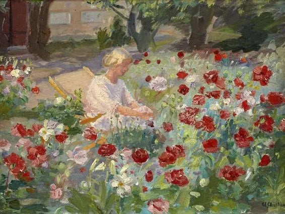 Jeune femme parmi les coquelicots - Anna Ancher image 1 reproduction de peinture à l’huile