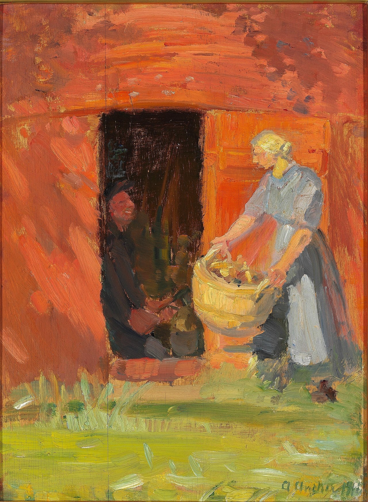 Jeune femme portant le linge devant une maison rouge à Skagen. - Anna Ancher image 1 reproduction artisanale de tableau