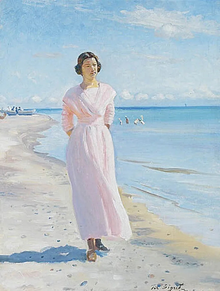 Jeune femme portant une robe rose sur la plage sud de Skagen. - Michael Peter Ancher image 1 tableau peint à l’huile sur toile