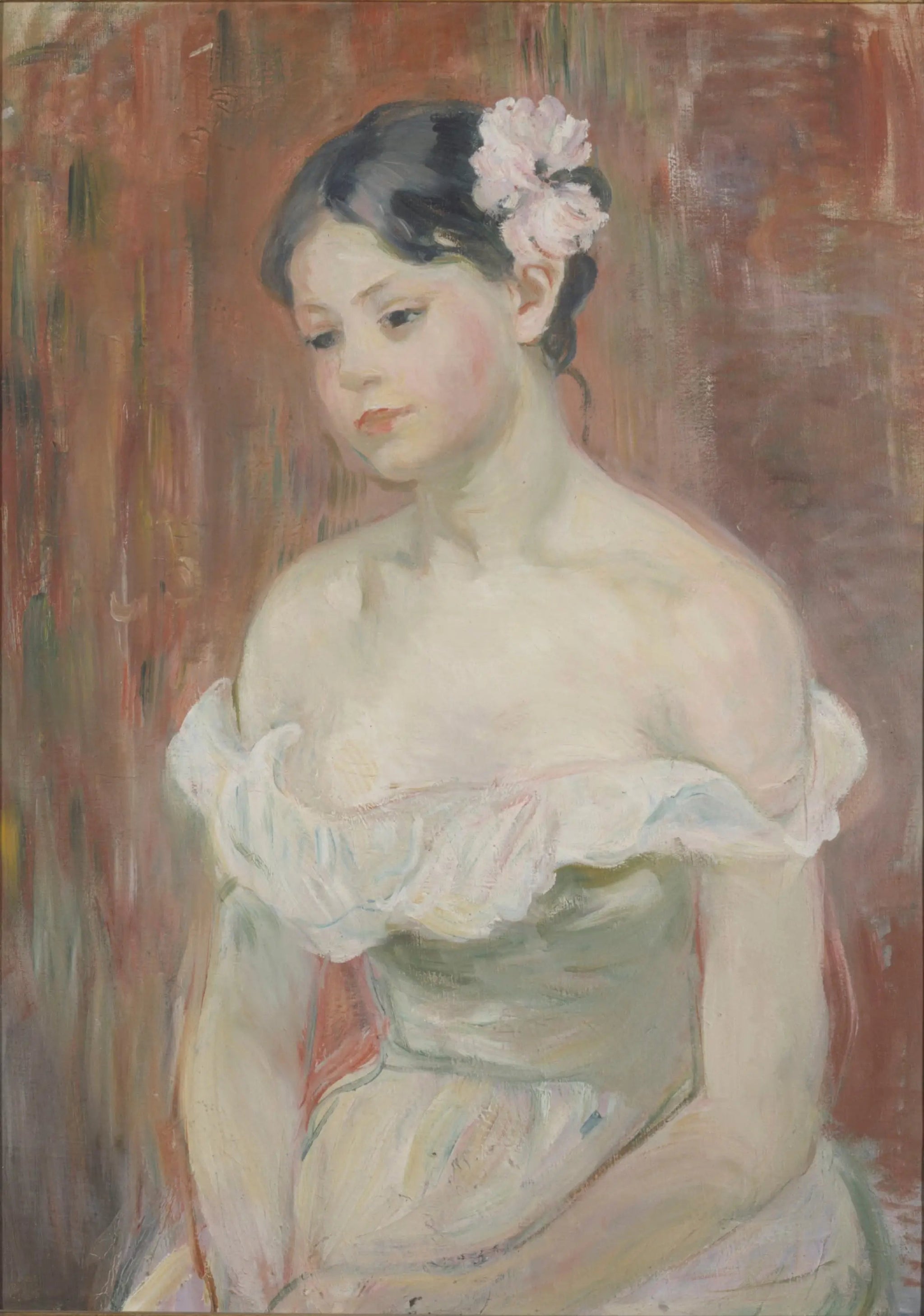 Jeune fille au décolleté, la fleur aux cheveux - Berthe Morisot image 1 tableau peint à l’huile sur toile