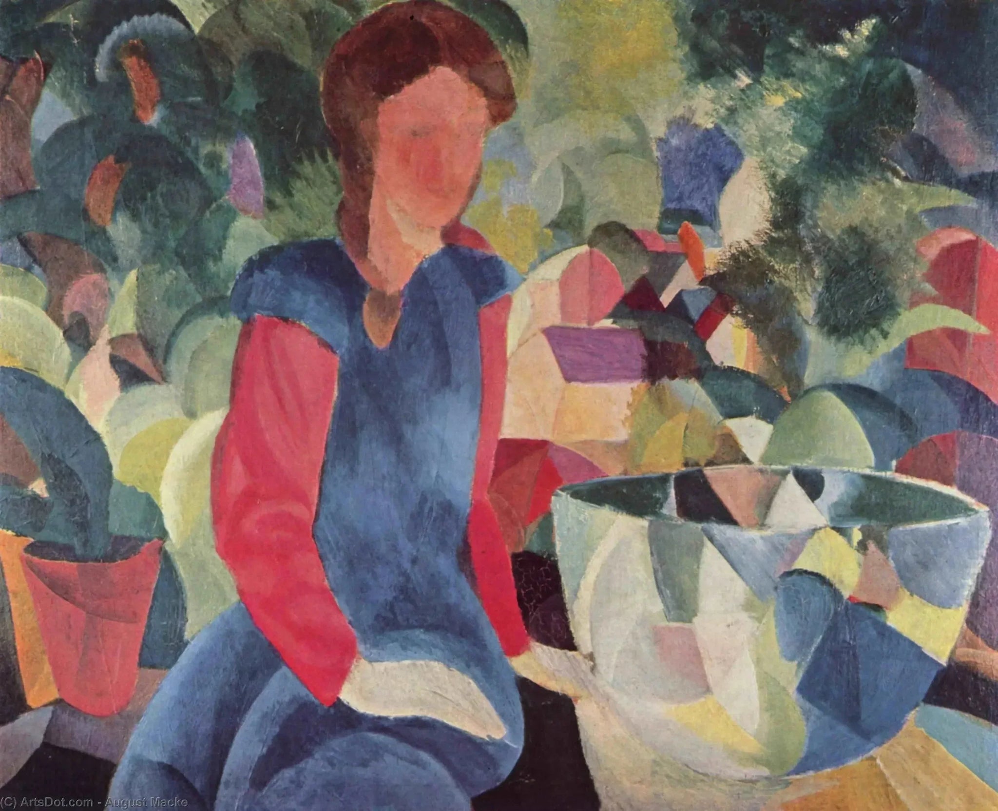 Jeune Fille avec des poissons dans un récipient de verre - August Macke image 1 reproduction d’œuvre d’art à l’huile