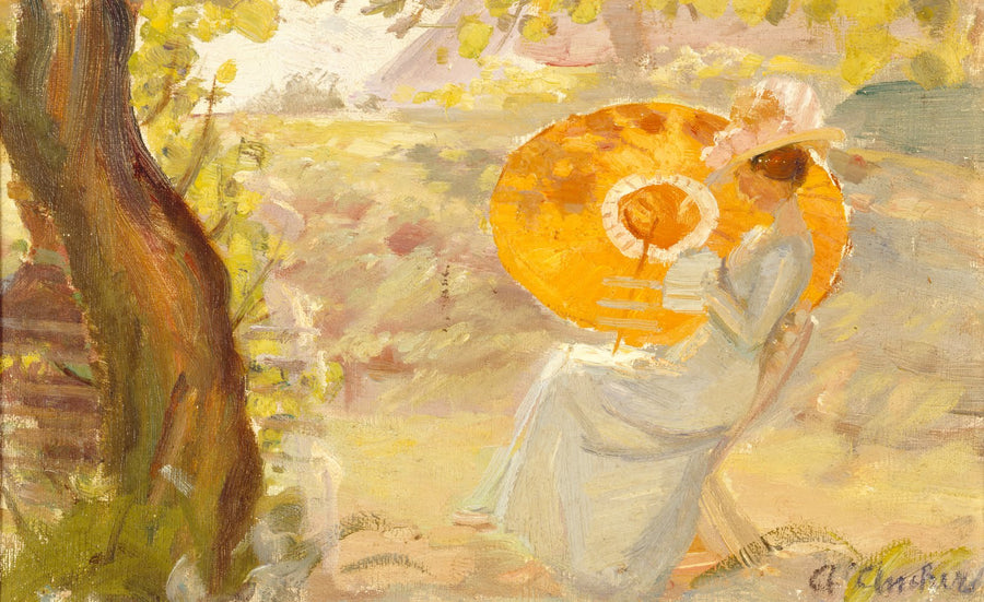 Jeune fille dans un jardin avec un parasol orange - Anna Ancher