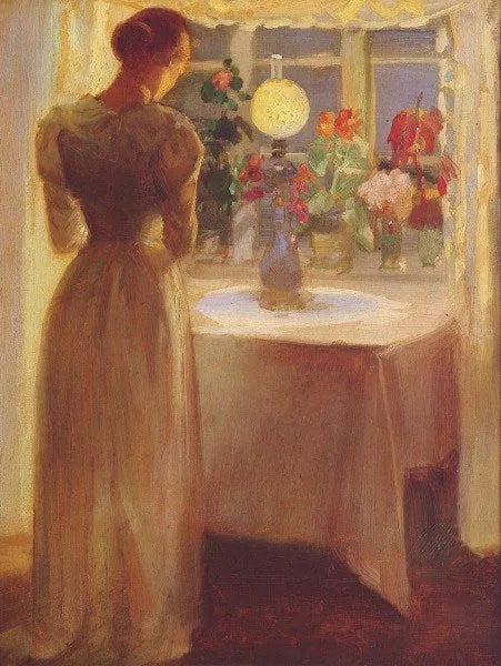 Jeune fille devant une lampe allumée - Anna Ancher image 1 reproduction de peinture à l’huile