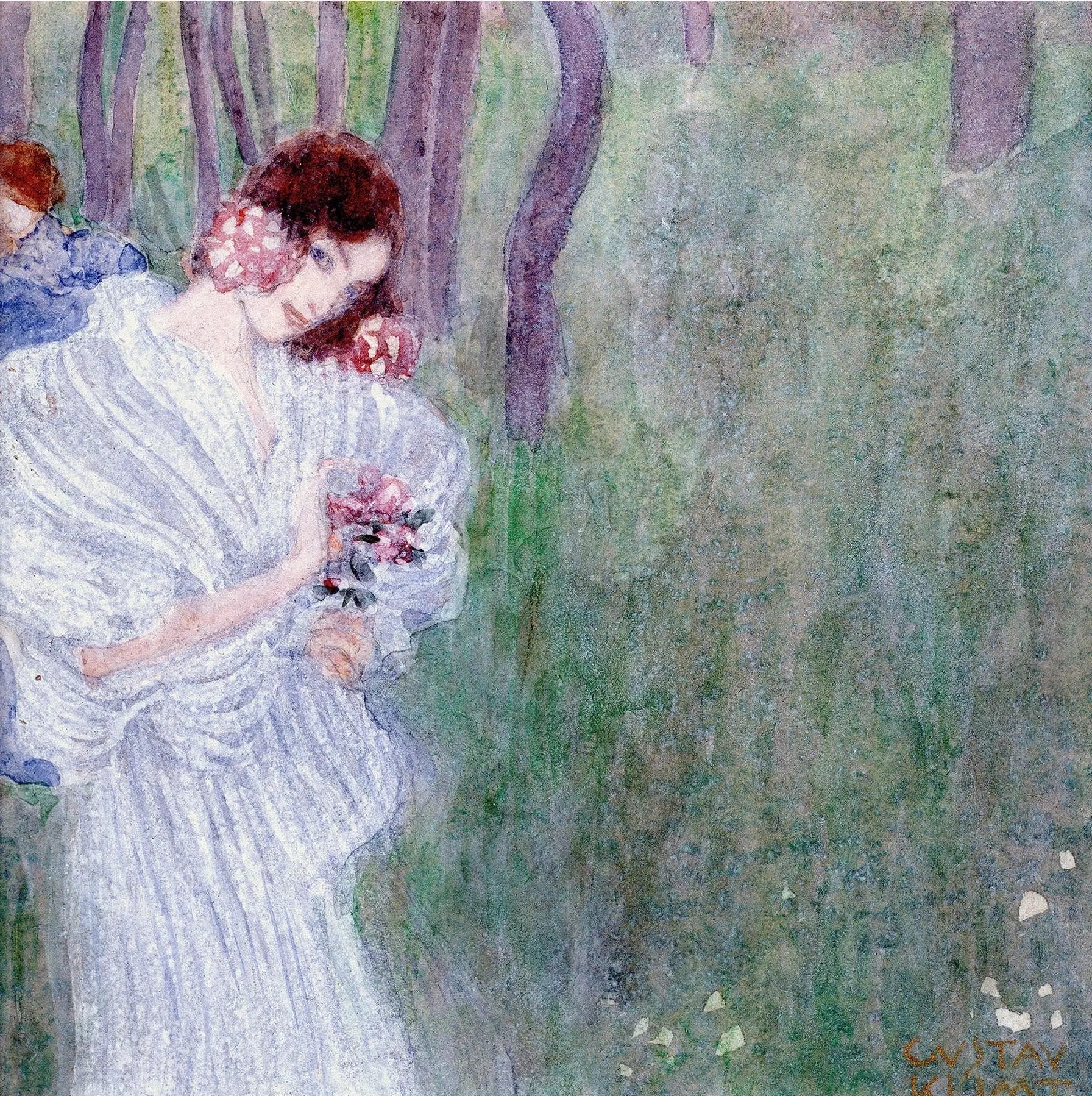 Jeune fille en robe blanche dans une forêt - Gustav Klimt image 1 copie peinte à la main à l’huile
