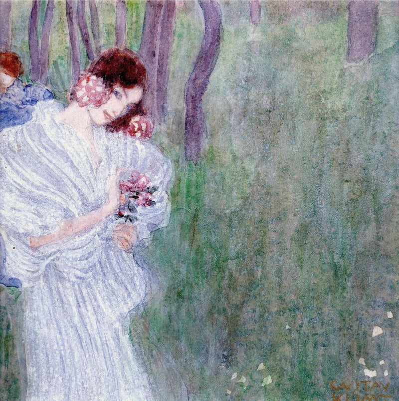 Jeune fille en robe blanche dans une forêt - Gustav Klimt
