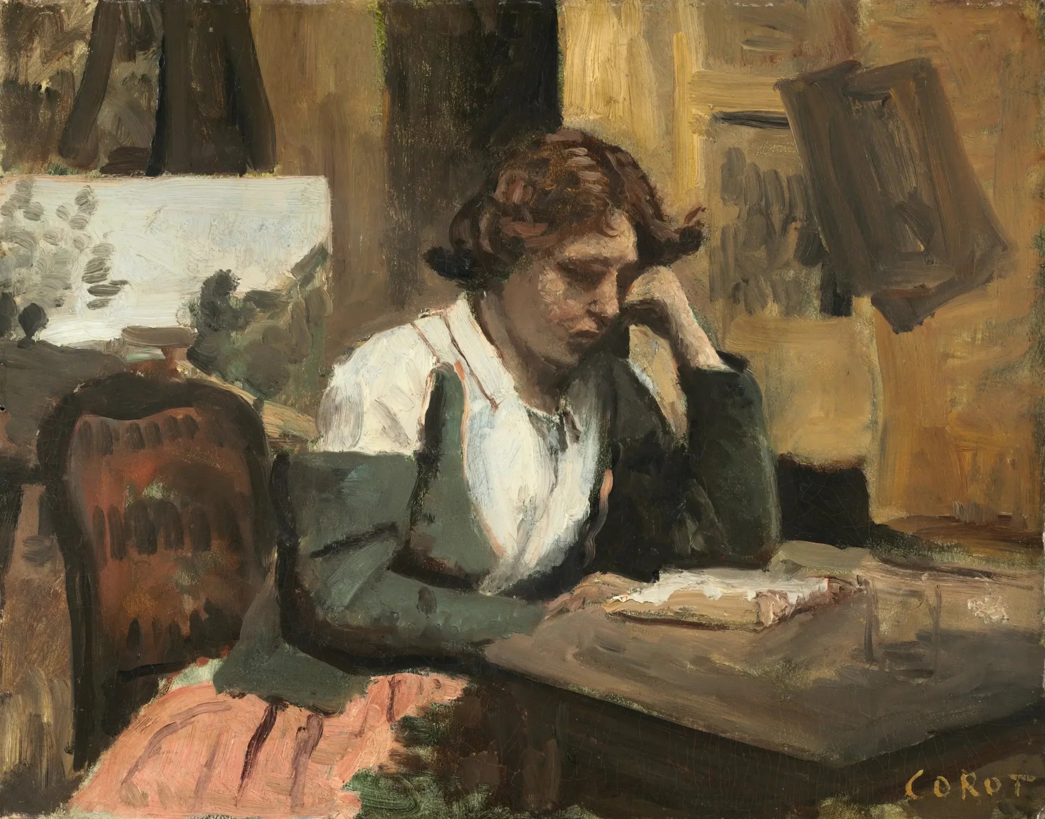 Jeune fille lisant - Jean-Baptiste Camille Corot image 1 reproduction de peinture à l’huile