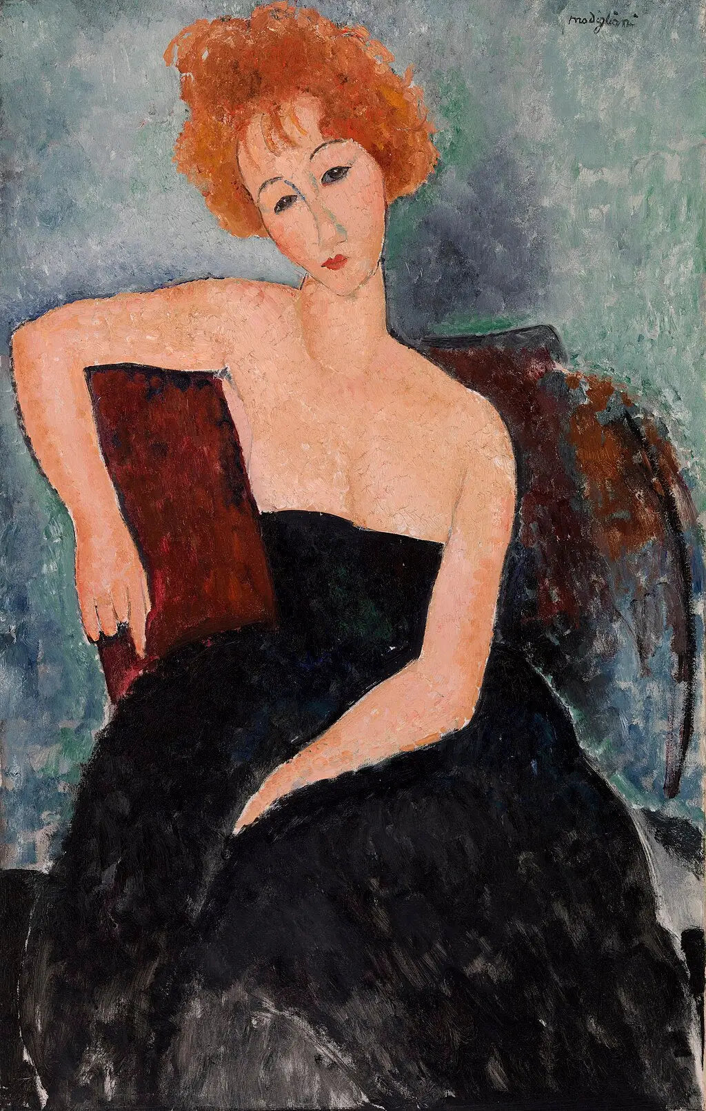Jeune fille rousse en robe de soir - Amedeo Modigliani image 1 copie de tableau peinte à la main