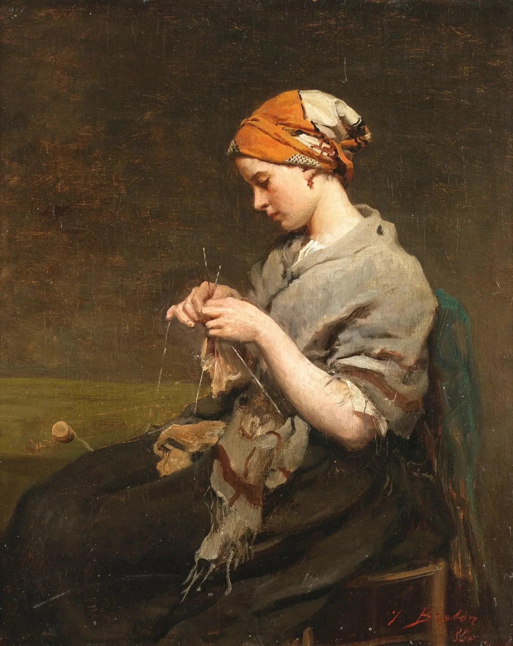 Jeune fille tricotant (version 2) - Jules Breton image 1 copie peinte à la main à l’huile