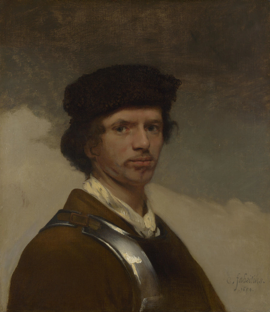 Jeune homme au bonnet de fourrure et à la cuirasse (probablement un autoportrait) - Carel Fabritius