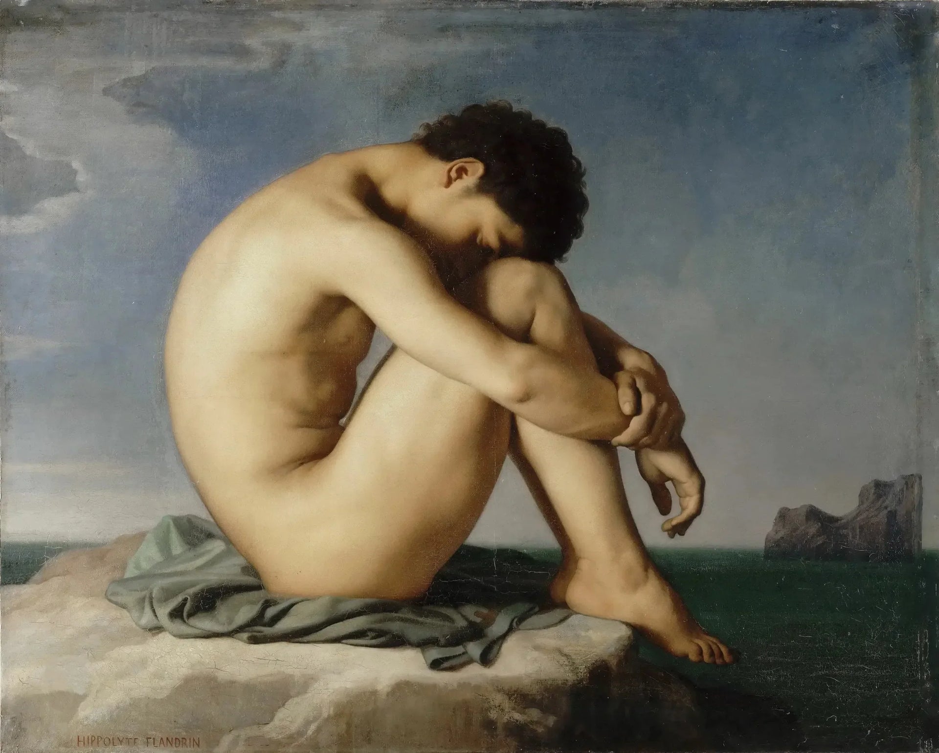 Jeune homme nu assis au bord de la mer - Hippolyte Flandrin image 1 copie de tableau peinte à la main