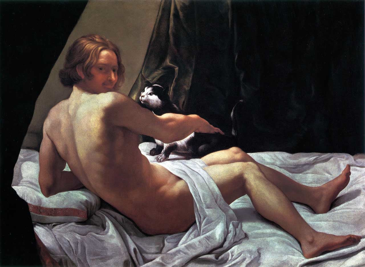 Jeune homme nu au lit avec un chat - Giovanni Lanfranco image 1 reproduction artisanale de tableau